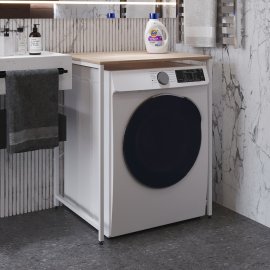 Стеллаж полка Бафрум 401 Ferrum-decor для стиральной машины 90x70,5x60,5 Белый металл ДСП Дуб Сонома 16 мм (BED40111)