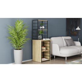 Стол-тумба трансформер Смарт 3/2 с этажеркой Ferrum-decor 1430x1450x600 Черный металл ДСП Дуб Сонома 16 мм (SMART310)