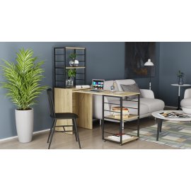 Стол-тумба трансформер Смарт 3/2 с этажеркой Ferrum-decor 1430x1450x600 Черный металл ДСП Дуб Сонома 16 мм (SMART310)